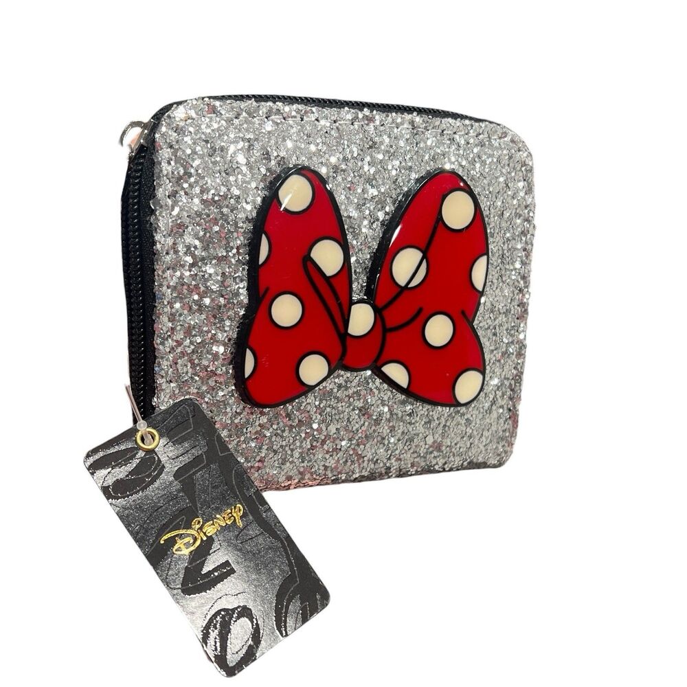 Disney Minnie Mouse Wallet Womens Silver Glitter Zip Around Coin Purse NWT
